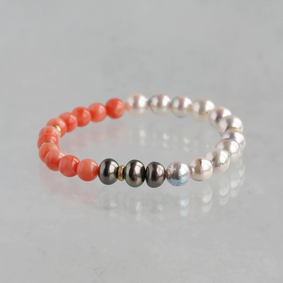 Pink coral × Akoya white pearl × Black pearl bracelet / ピンク珊瑚